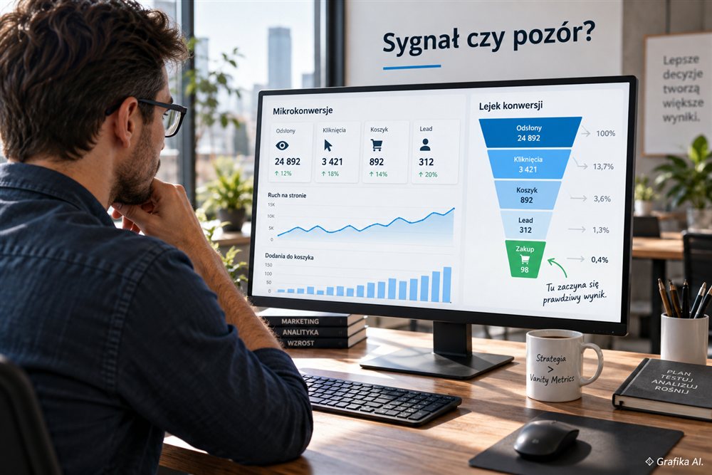 Ilustracja AI: analiza mikrokonwersji i lejka sprzedażowego na monitorze.