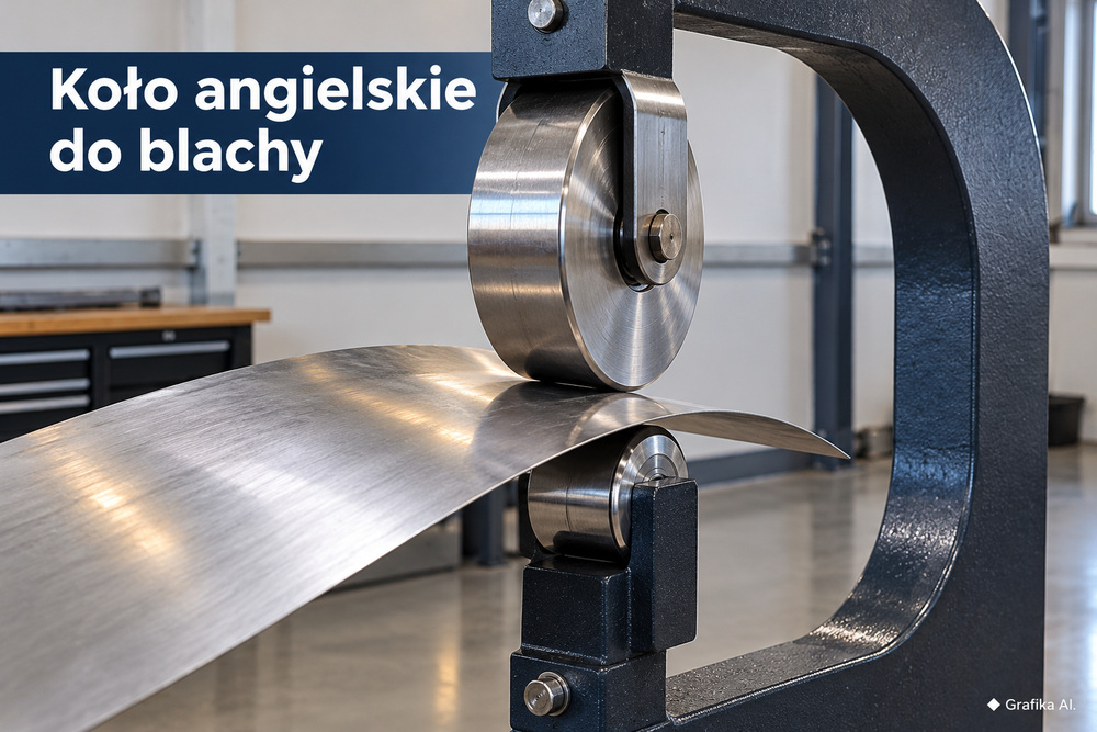 Koło angielskie z zakrzywionym arkuszem blachy między górnym kołem i dolnym kowadełkiem