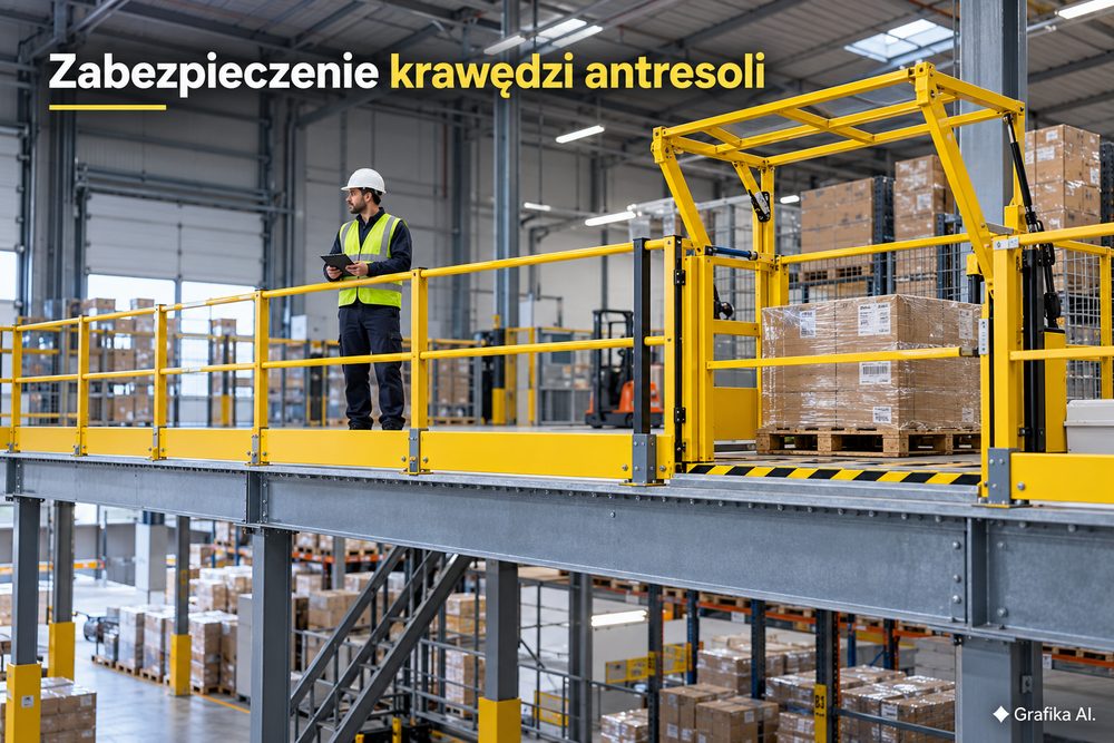 Zabezpieczenie krawędzi antresoli magazynowej balustradami i bramką przeładunkową